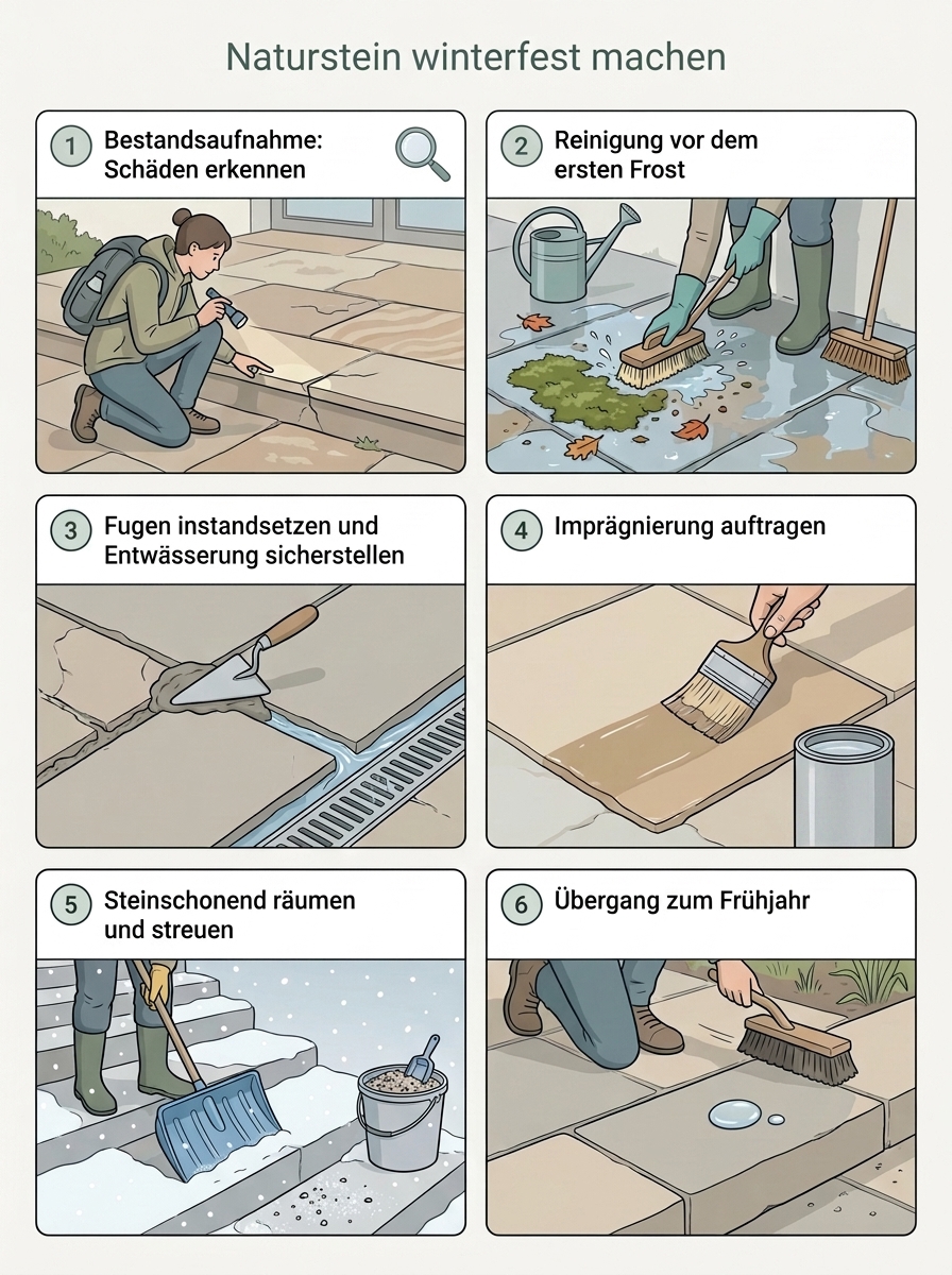 KI-generierte Infografik mit sechs Schritten zur Wintervorbereitung einer Natursteinfläche